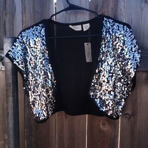 Allison Brittney Sequin Shrug Womens Large Knit Crop New With Tags Black Silver